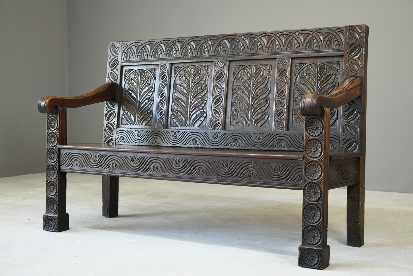 Antique Carved Oak Bench