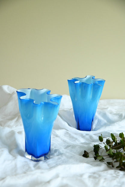 Pair Blue Frilly Glass Vase