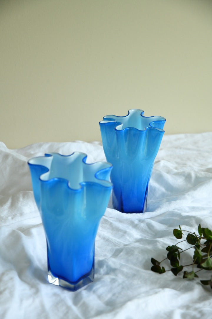 Pair Blue Frilly Glass Vase