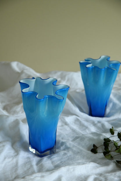 Pair Blue Frilly Glass Vase