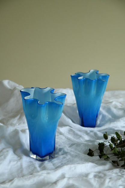 Pair Blue Frilly Glass Vase