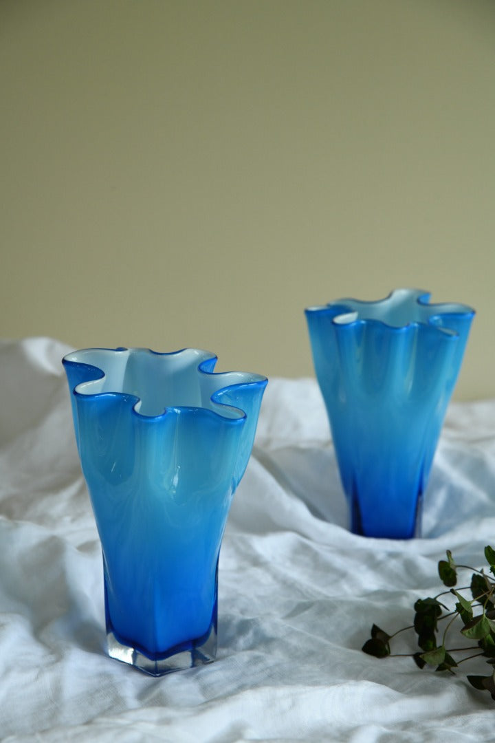 Pair Blue Frilly Glass Vase