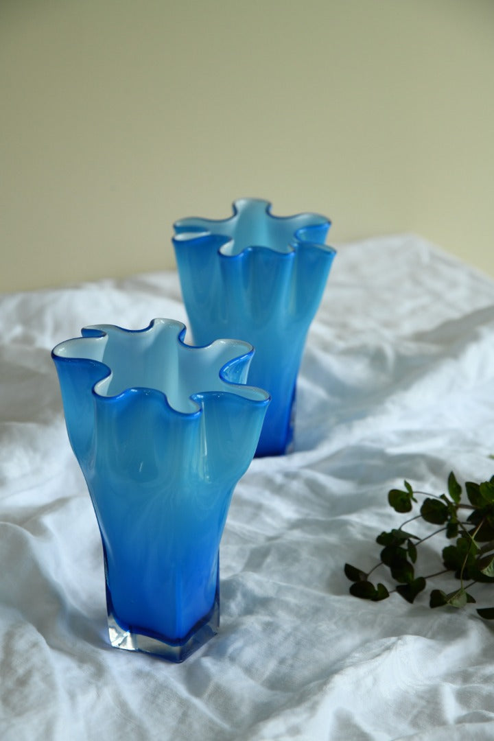 Pair Blue Frilly Glass Vase