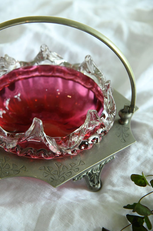 Cranberry Glass Preserve Dish & EPNS Basket