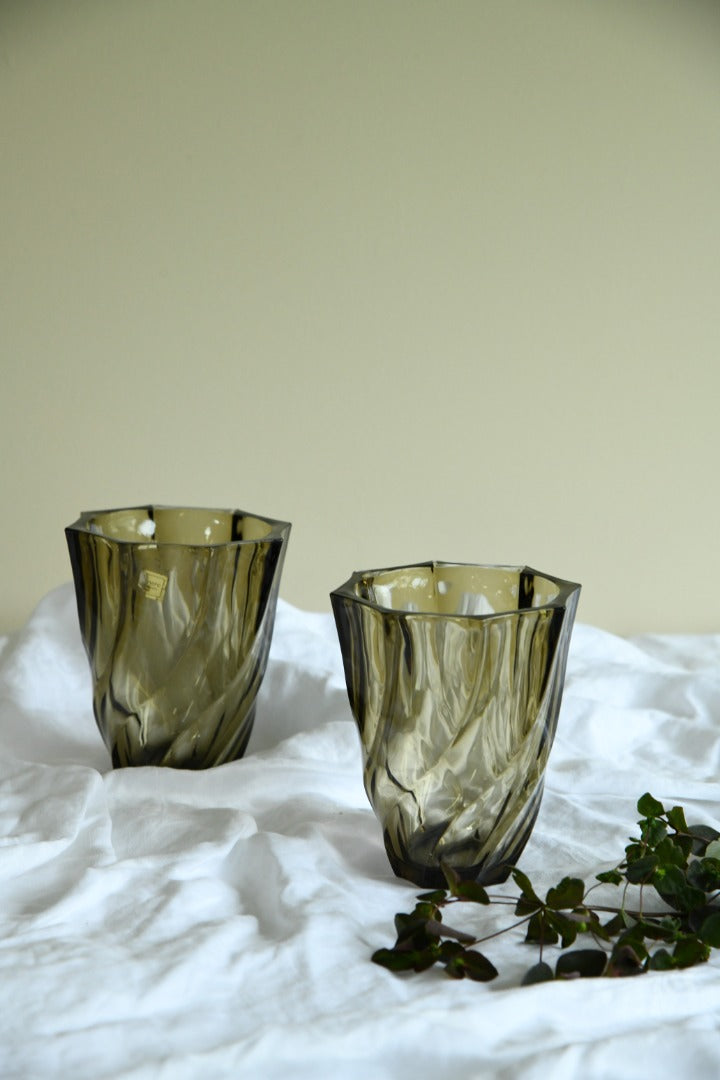 Pair Luminarc Brown Swirl Glass Vase