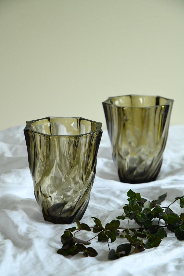 Pair Luminarc Brown Swirl Glass Vase