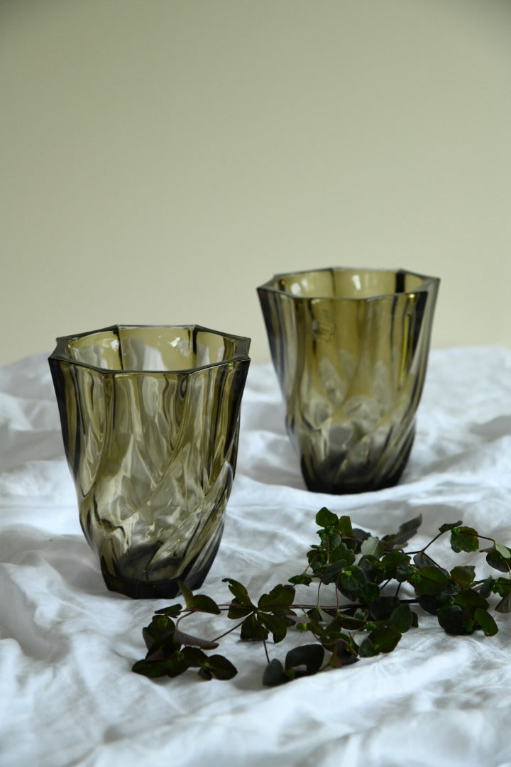 Pair Luminarc Brown Swirl Glass Vase