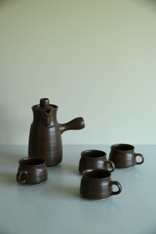 Retro Denby Langley Brown Coffee Pot & 4 Cups