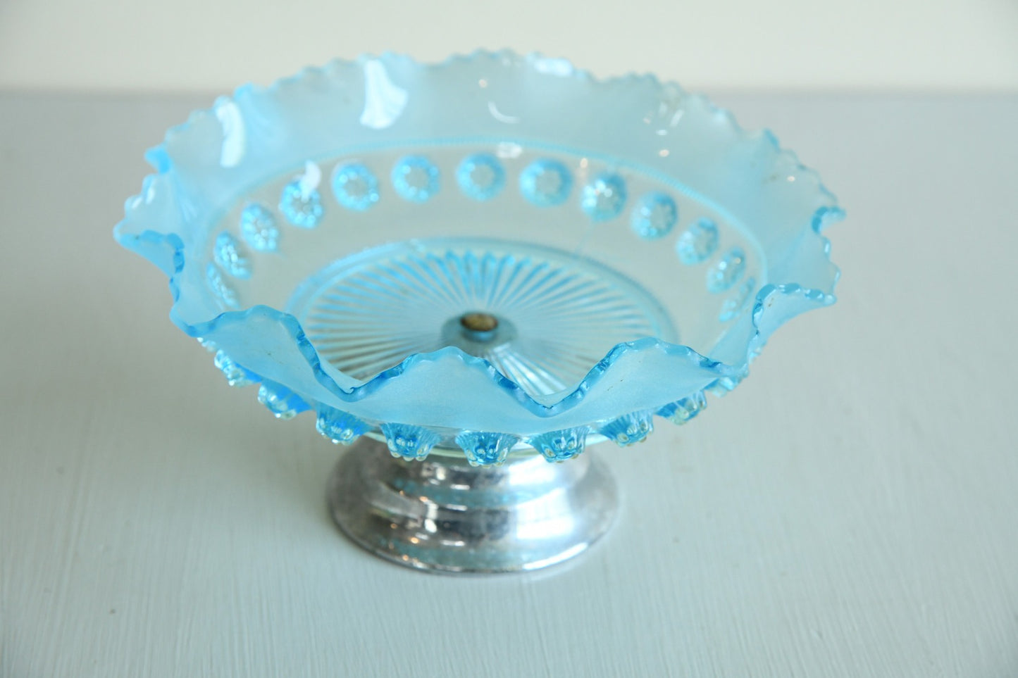 Vintage Retro Blue Glass Bowl on Stand