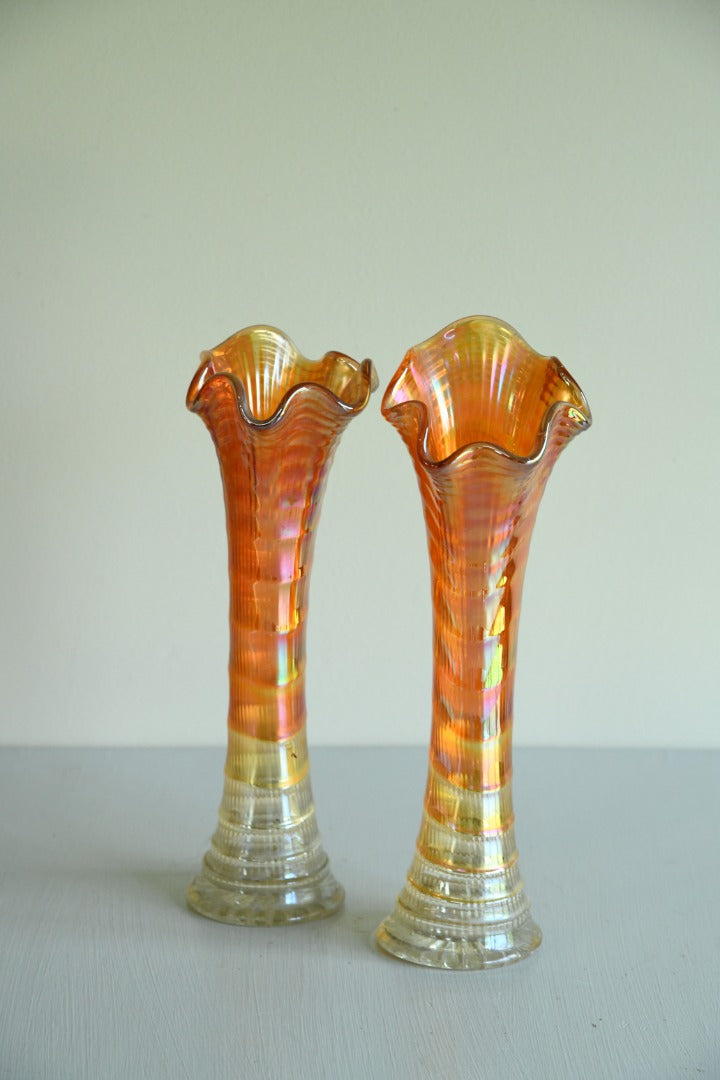 Pair Orange Carnival Glass Vase