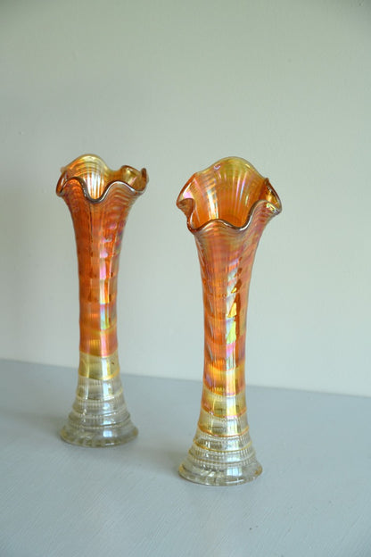 Pair Orange Carnival Glass Vase