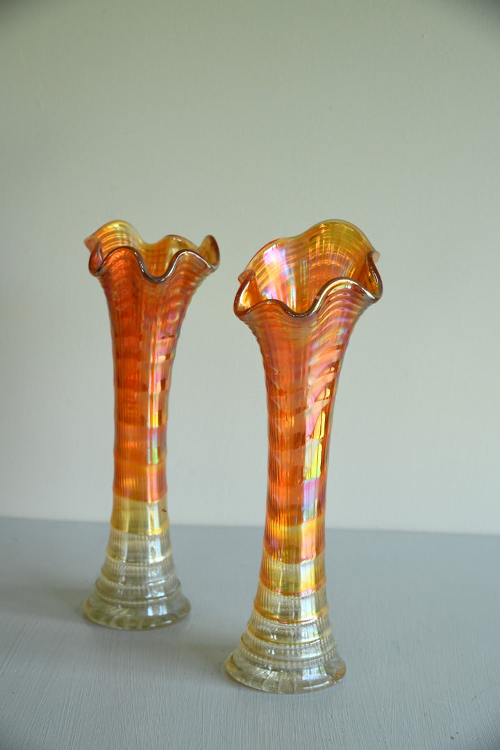 Pair Orange Carnival Glass Vase