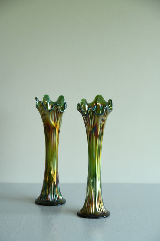 Pair Green Carnival Glass Vase