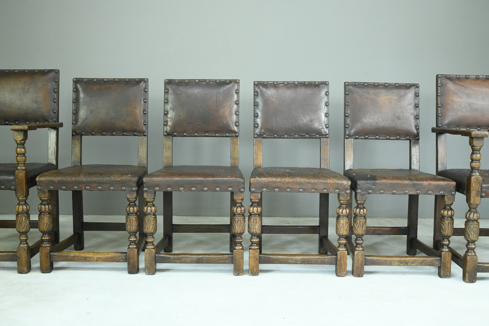 6 Cromwellian Style Brown Leather Dining Chairs