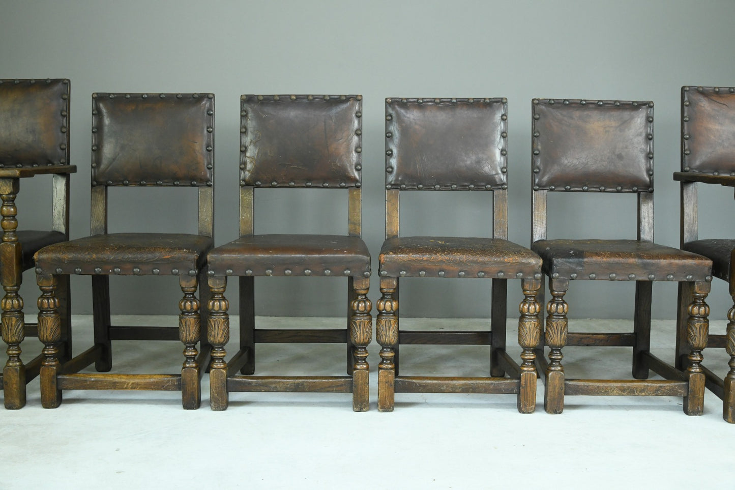 6 Cromwellian Style Brown Leather Dining Chairs