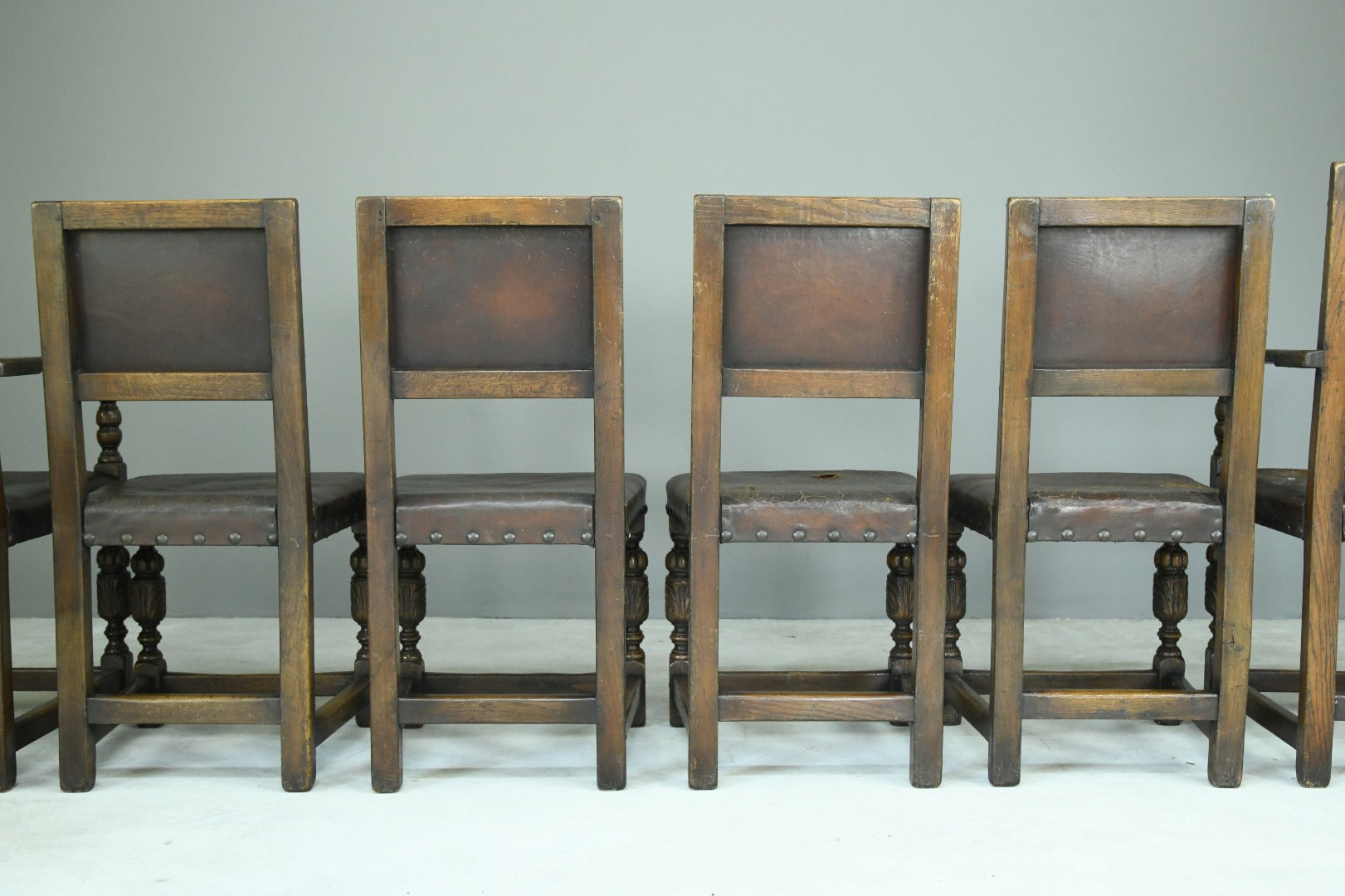 6 Cromwellian Style Brown Leather Dining Chairs