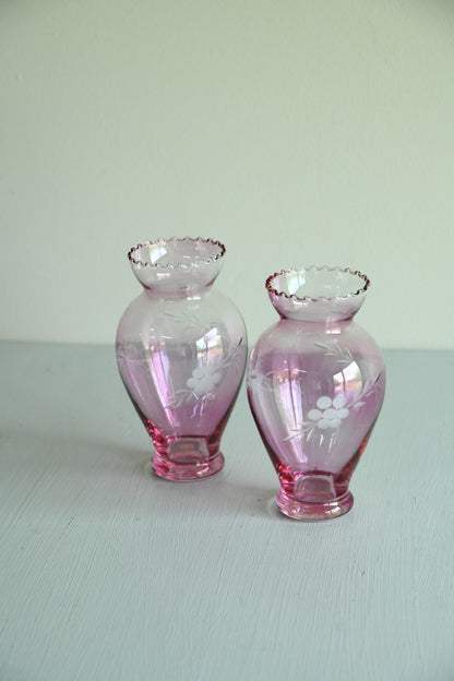 Pair Small Pink Etched Glass Vases