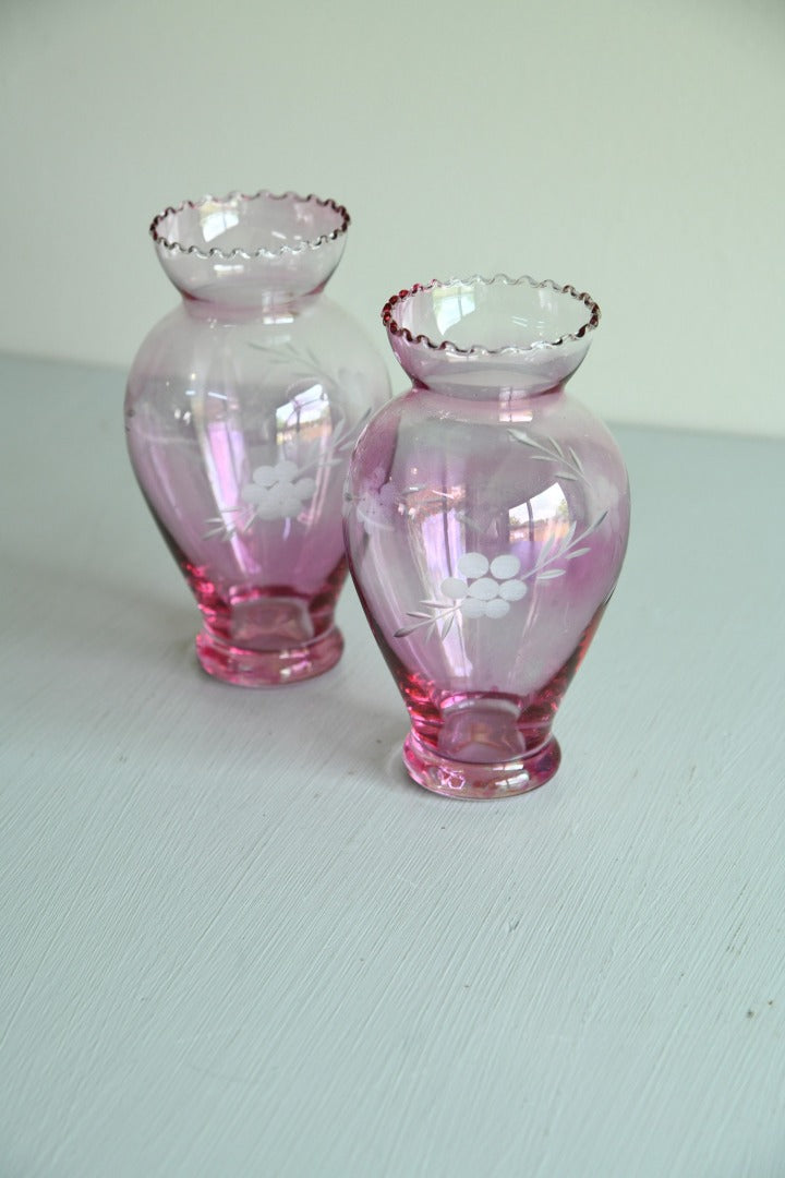 Pair Small Pink Etched Glass Vases