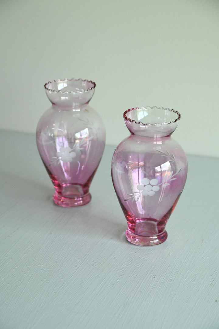 Pair Small Pink Etched Glass Vases