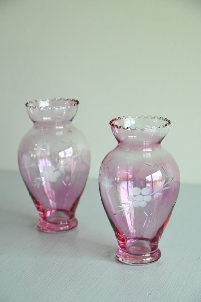 Pair Small Pink Etched Glass Vases