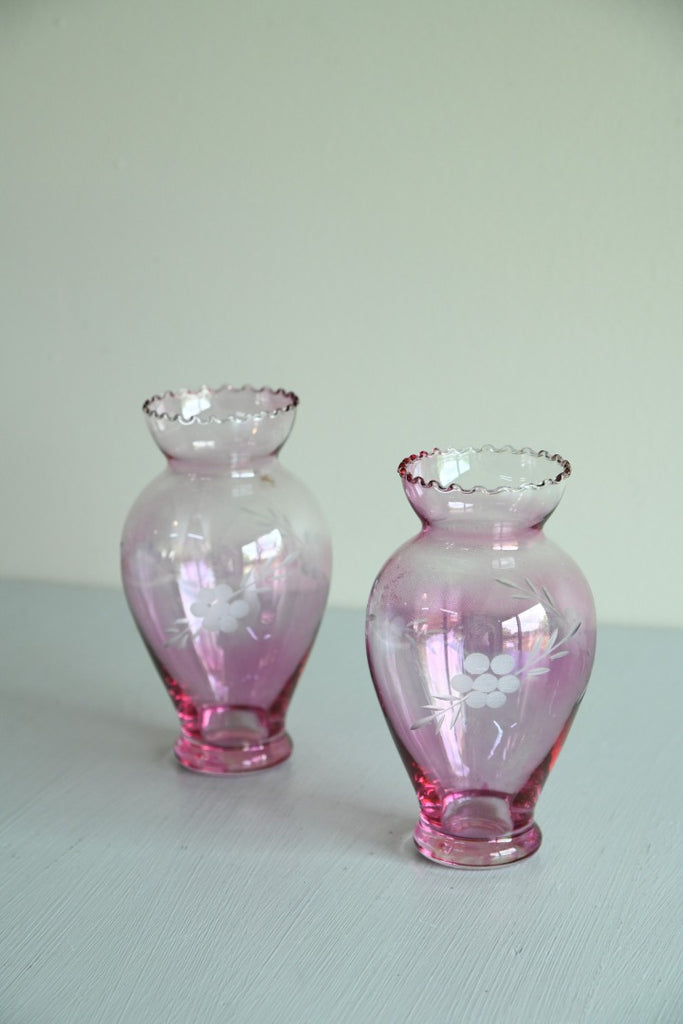 Pair Small Pink Etched Glass Vases