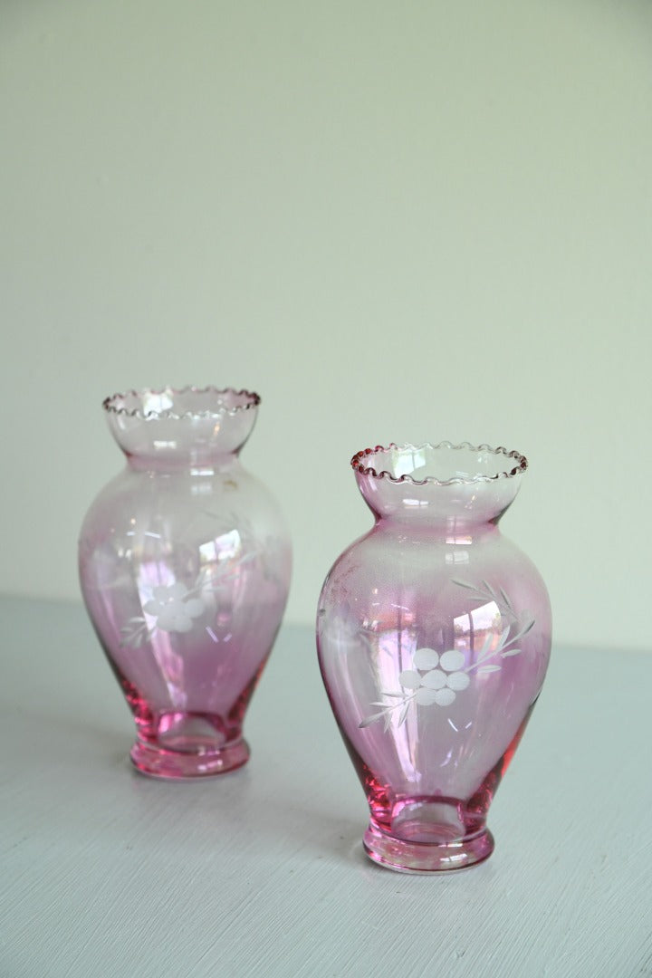 Pair Small Pink Etched Glass Vases