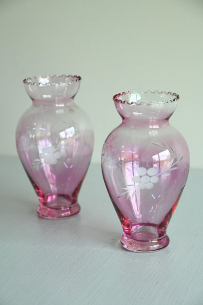 Pair Small Pink Etched Glass Vases