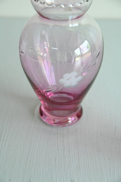 Pair Small Pink Etched Glass Vases