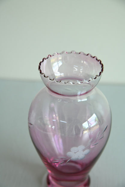 Pair Small Pink Etched Glass Vases