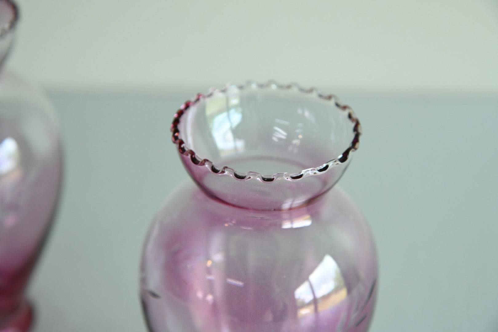 Pair Small Pink Etched Glass Vases