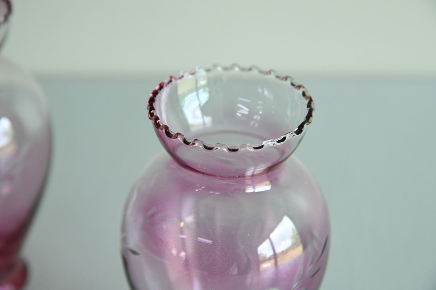 Pair Small Pink Etched Glass Vases