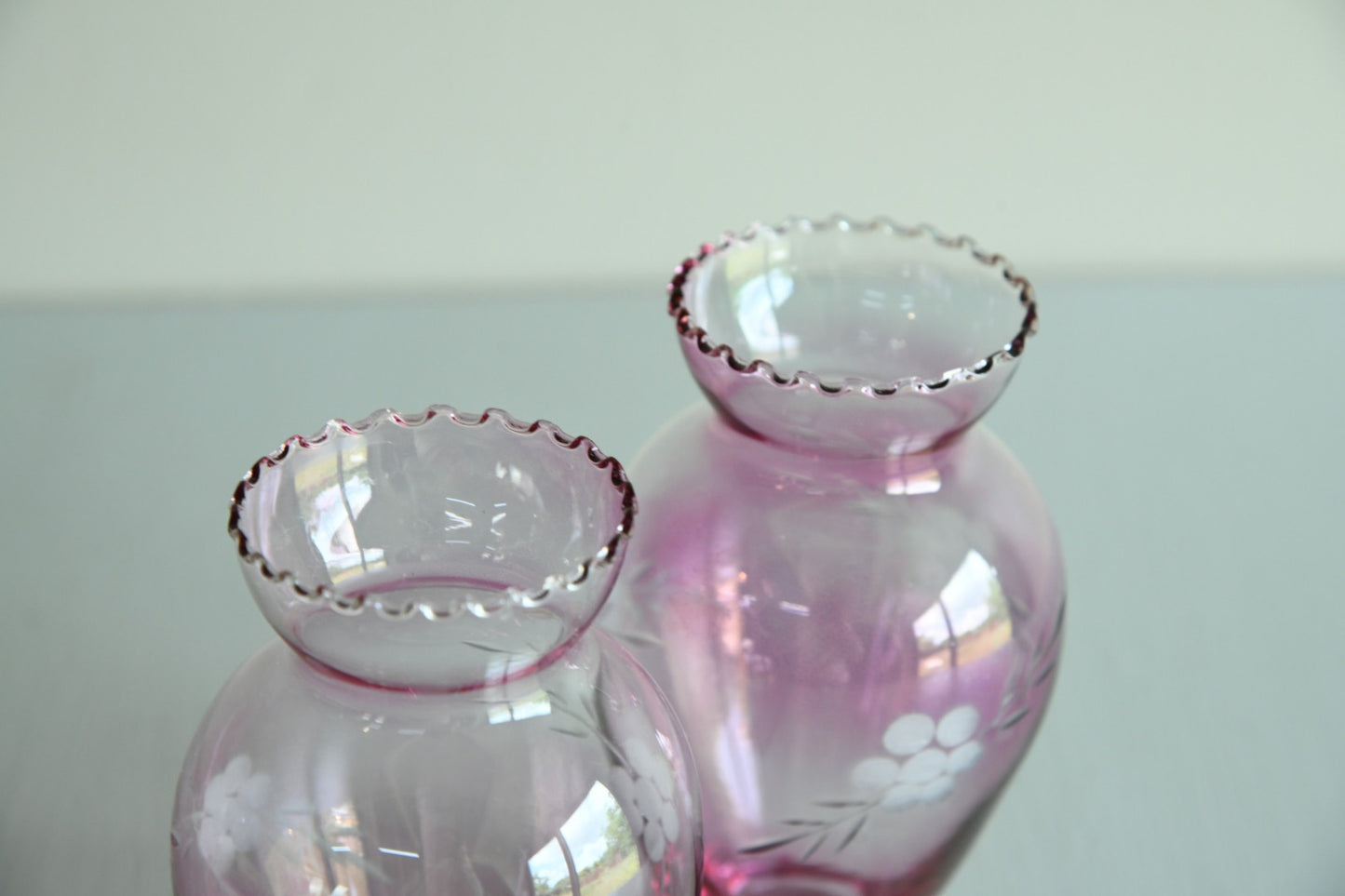 Pair Small Pink Etched Glass Vases