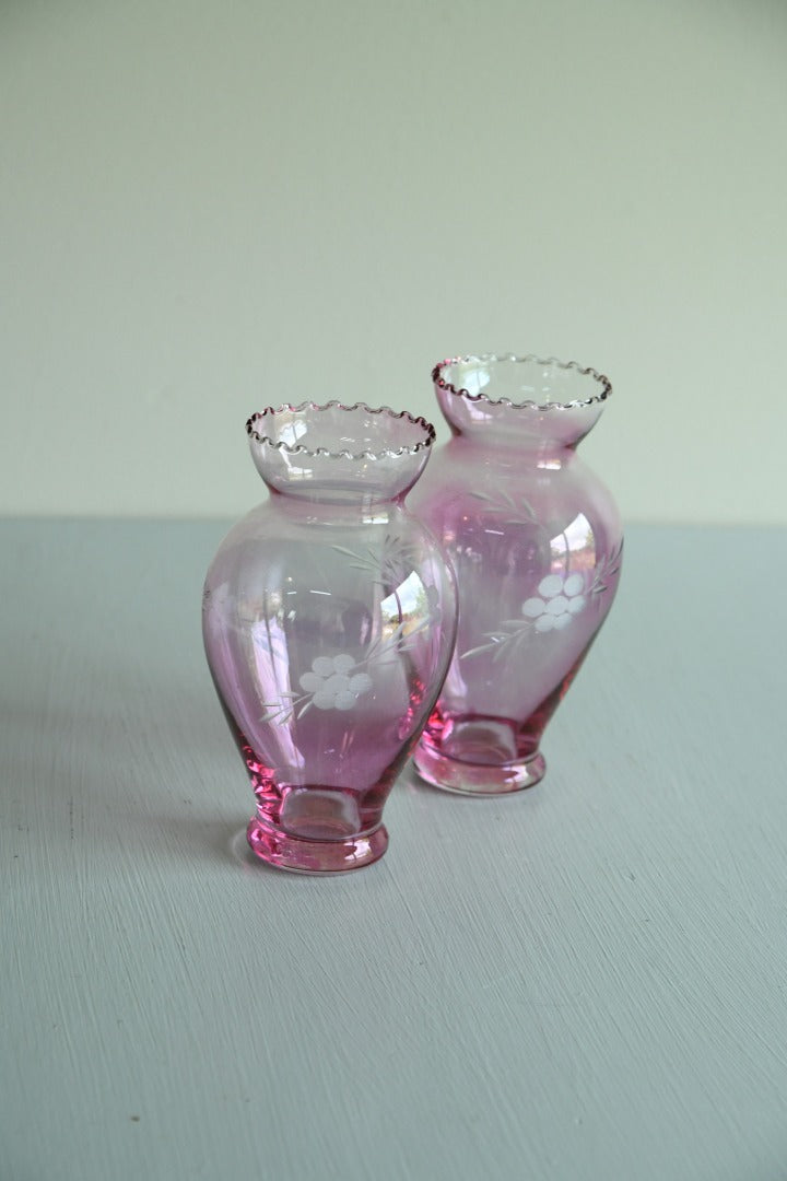 Pair Small Pink Etched Glass Vases