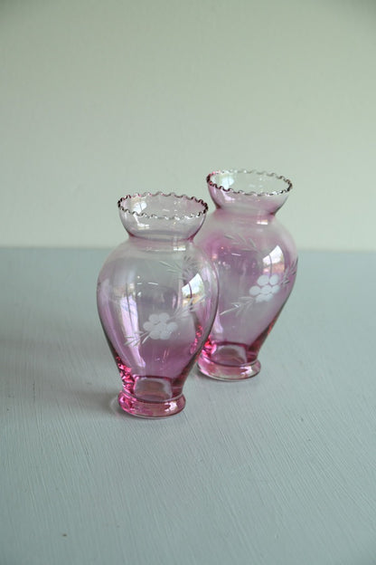 Pair Small Pink Etched Glass Vases