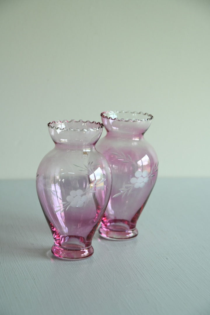 Pair Small Pink Etched Glass Vases