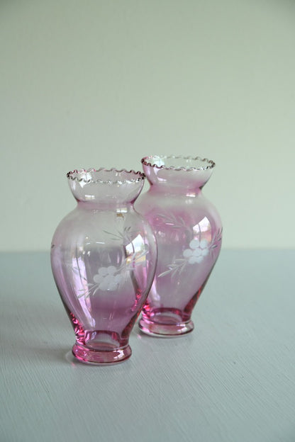 Pair Small Pink Etched Glass Vases