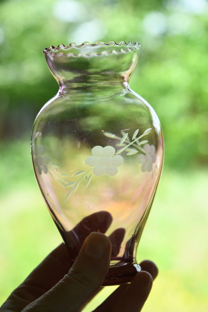 Pair Small Pink Etched Glass Vases