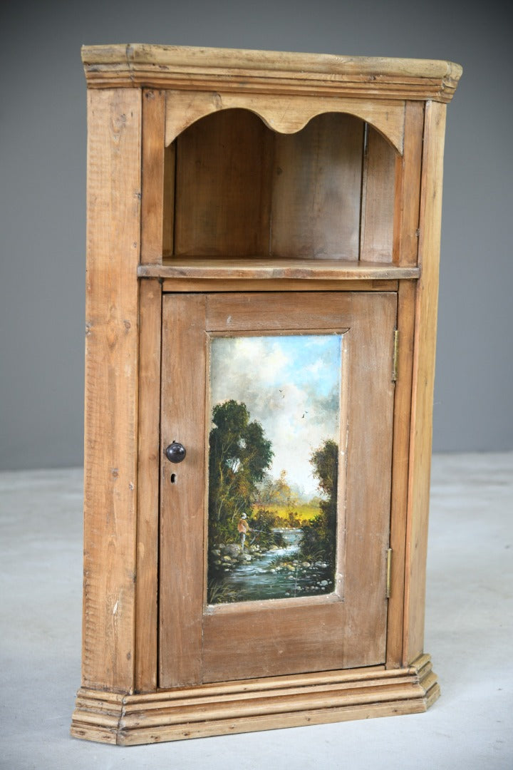 Rustic Pine Corner Cupboard Handpainted Fishing Scene