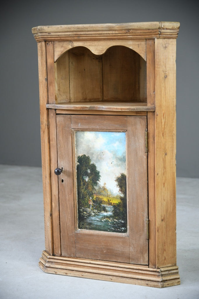 Rustic Pine Corner Cupboard Handpainted Fishing Scene