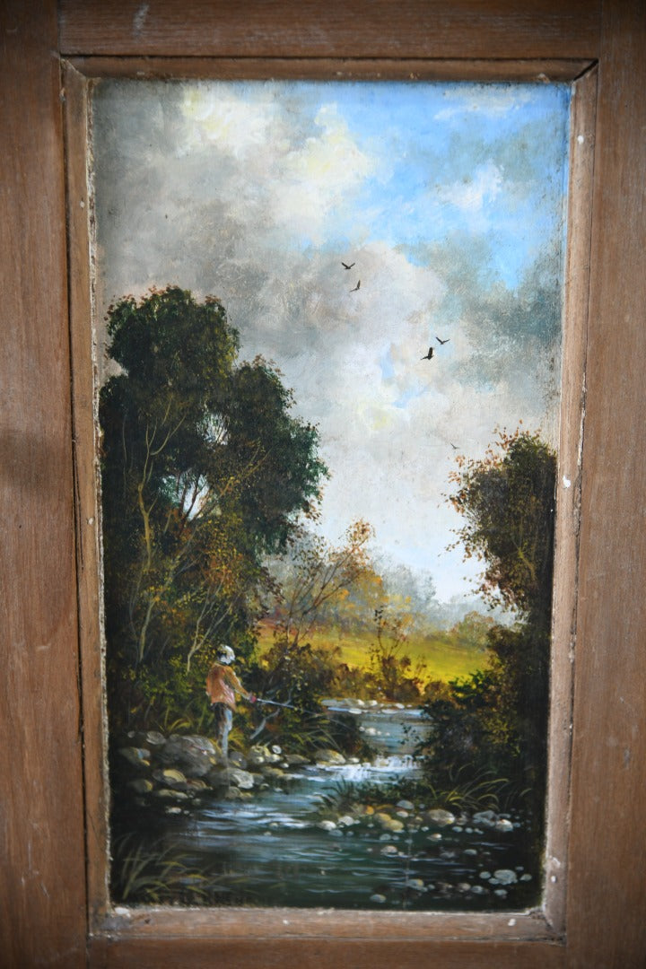 Rustic Pine Corner Cupboard Handpainted Fishing Scene