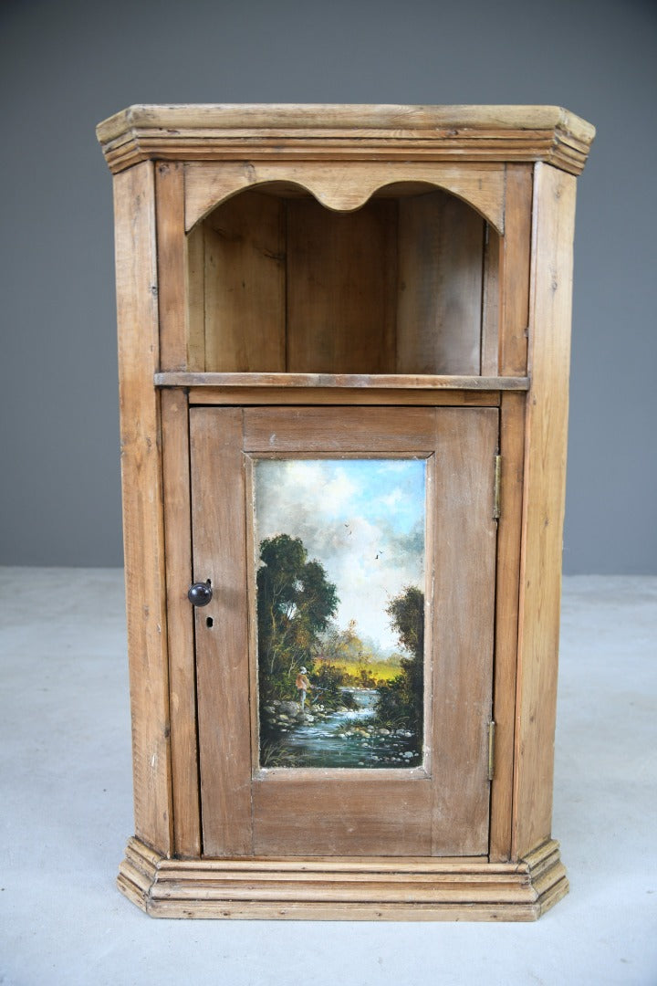 Rustic Pine Corner Cupboard Handpainted Fishing Scene