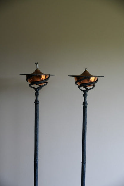 Pair Wrought Iron & Cooper Patio Oil Lamps