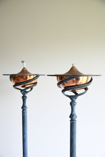 Pair Wrought Iron & Cooper Patio Oil Lamps