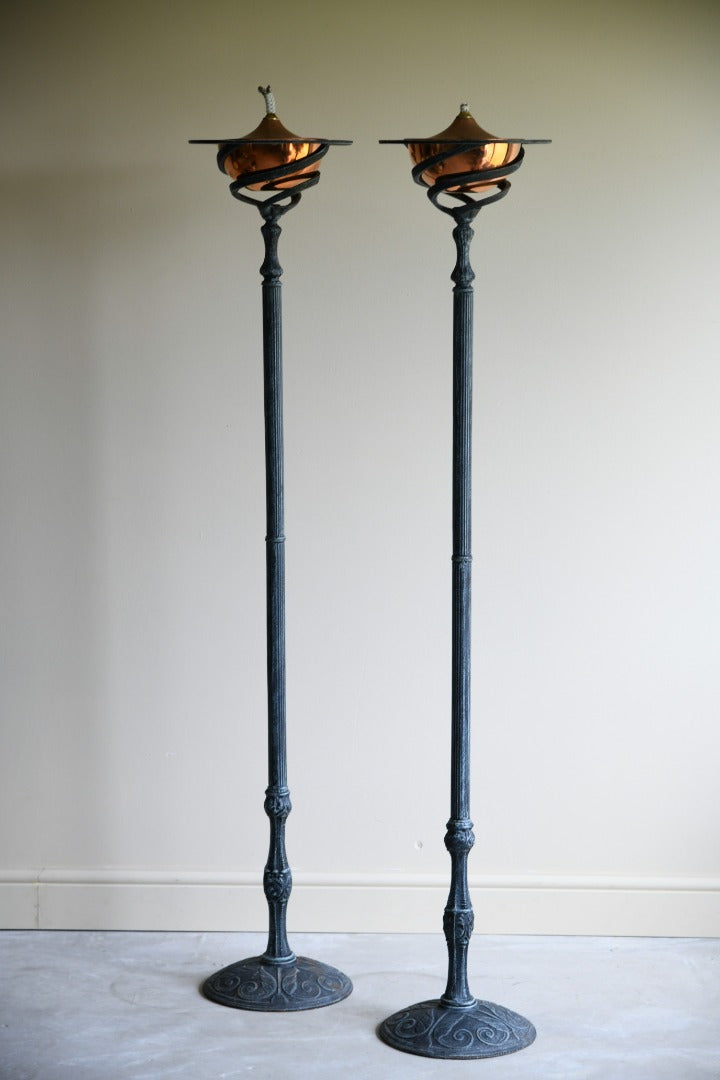 Pair Wrought Iron & Cooper Patio Oil Lamps