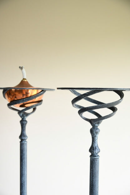 Pair Wrought Iron & Cooper Patio Oil Lamps