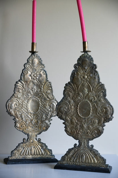 Pair Large Pressed Metal Candle Holders