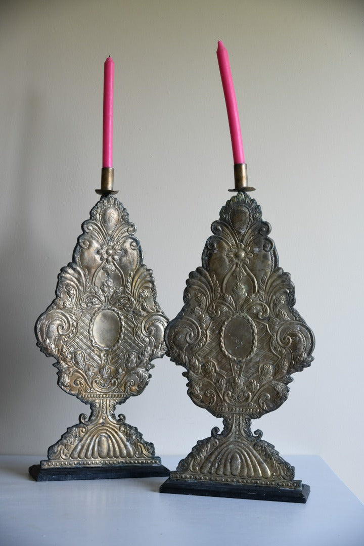 Pair Large Pressed Metal Candle Holders