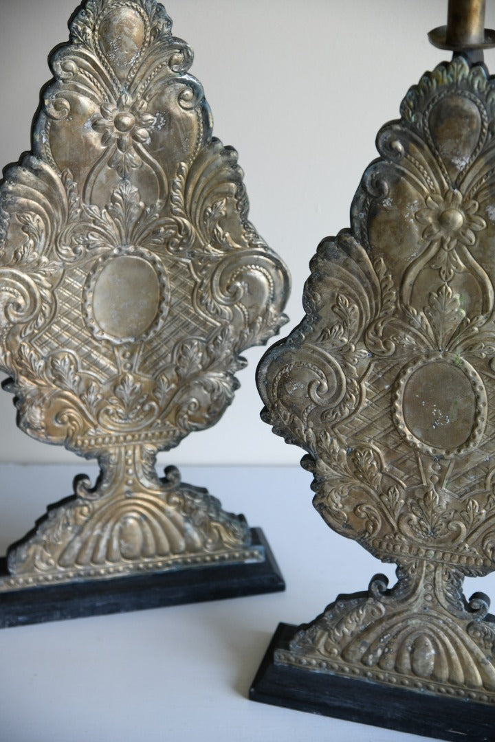 Pair Large Pressed Metal Candle Holders