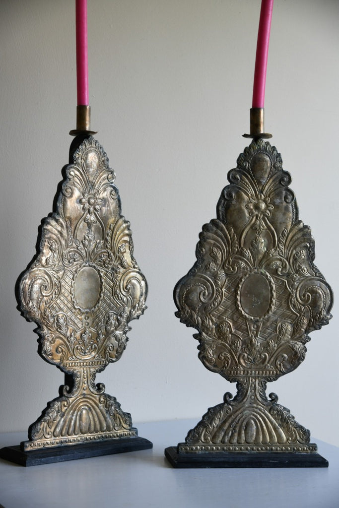 Pair Large Pressed Metal Candle Holders