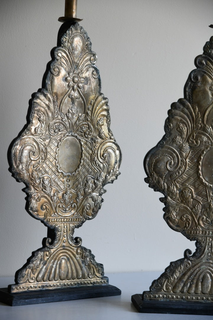 Pair Large Pressed Metal Candle Holders